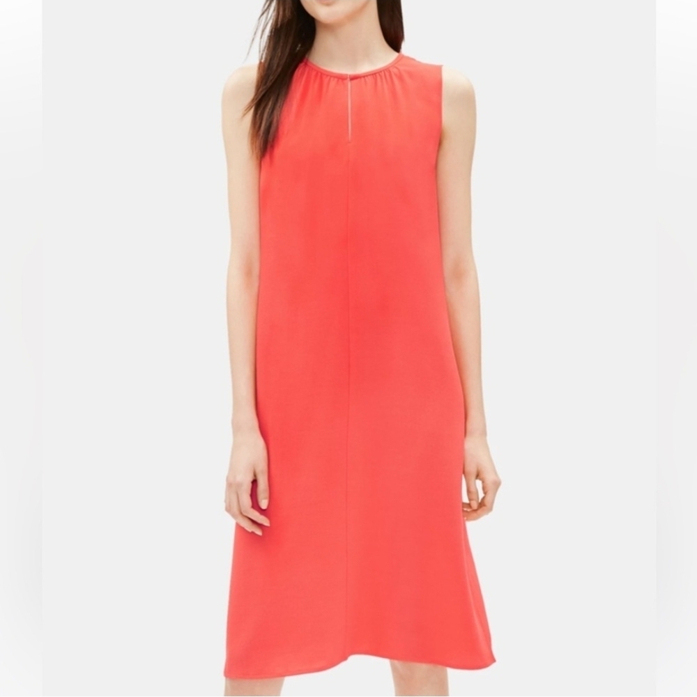 Eileen Fisher Elegant Sleeveless‎ Coral Midi Dress Easter Spring Flowy Material